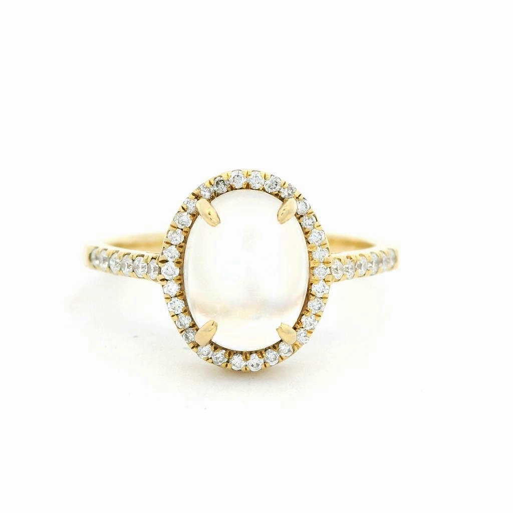 18K Yellow Gold Oval Moonstone Halo Ring