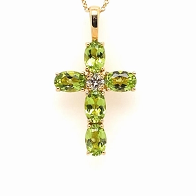18K Yellow Gold Peridot Cross Pendant Necklace