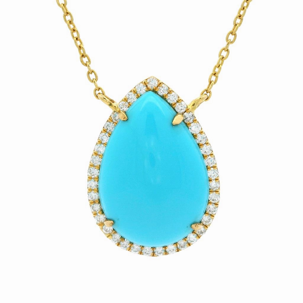 18K Yellow Gold Turquoise and Diamond Halo Necklace