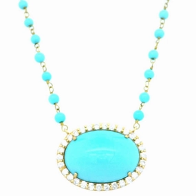18K Yellow Gold Turquoise And Diamond Halo Necklace