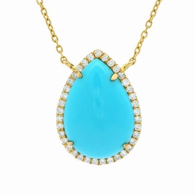 18K Yellow Gold Turquoise and Diamond Halo Necklace