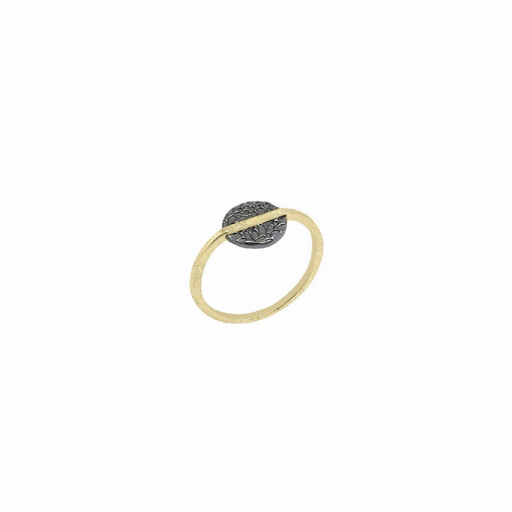 18K Yellow Gold Vermeil Black Ruthenium Textured Circle Rin