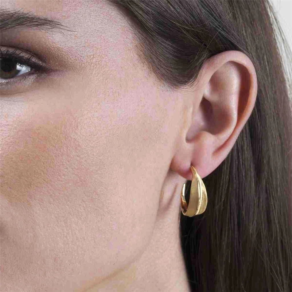 18K Yellow Gold Vermeil Leaf Motif Hoop Earrings