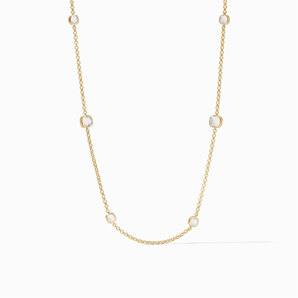 24K Yellow Gold Overlay 'Aquitaine' Station Necklace Length With Clear Crystals