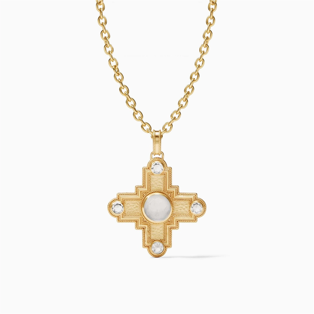 24K Yellow Gold Overlay 'Malta Theodora'  Cross Charm Necklace With Cubic Zirconia And Iridescent Clear Crystal