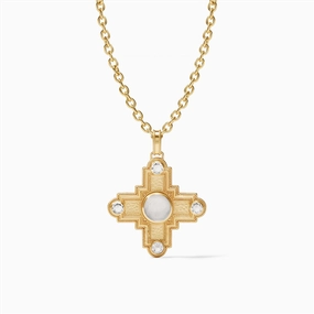 24K Yellow Gold Overlay 'Malta Theodora'  Cross Charm Necklace With Cubic Zirconia And Iridescent Clear Crystal