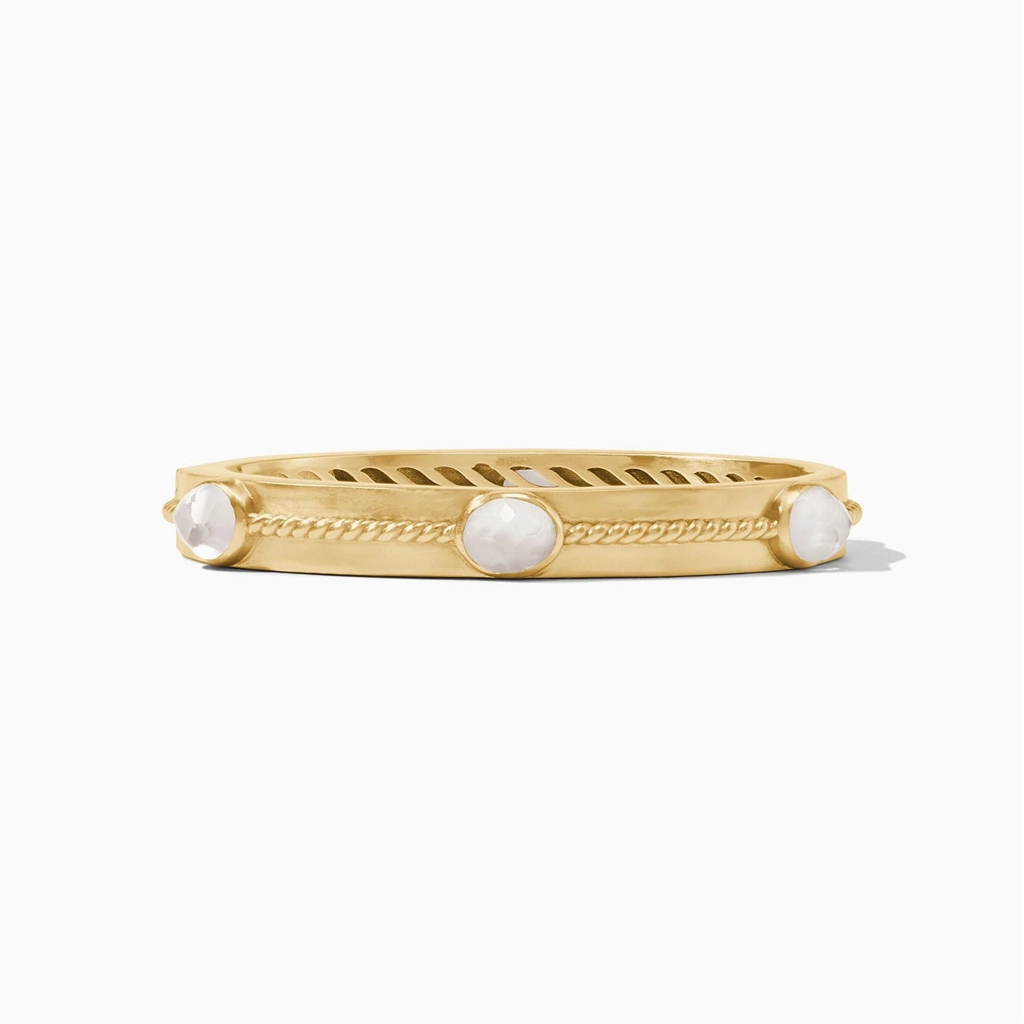 24K Yellow Gold Overlay Nassau' Stone Hinge Bangle With Iridescent Aquamarine Blue Crystals