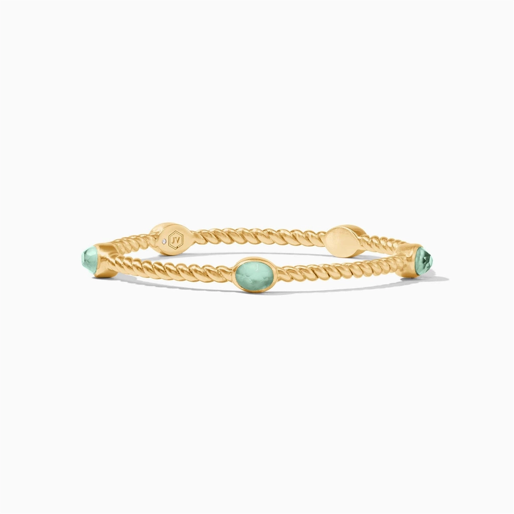 24K Yellow Gold Overlay Naussau' Stone Bangle With Iridescent Aquamarine Blue Crystals
