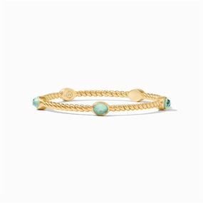 24K Yellow Gold Overlay Naussau' Stone Bangle With Iridescent Aquamarine Blue Crystals