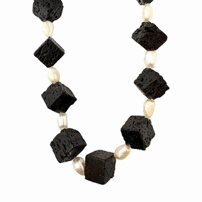 26" Black Lava Stone Cube and Freshwater Pearl Necklace