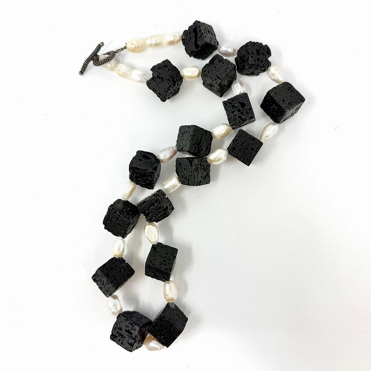 26" Black Lava Stone Cube and Freshwater Pearl Necklace
