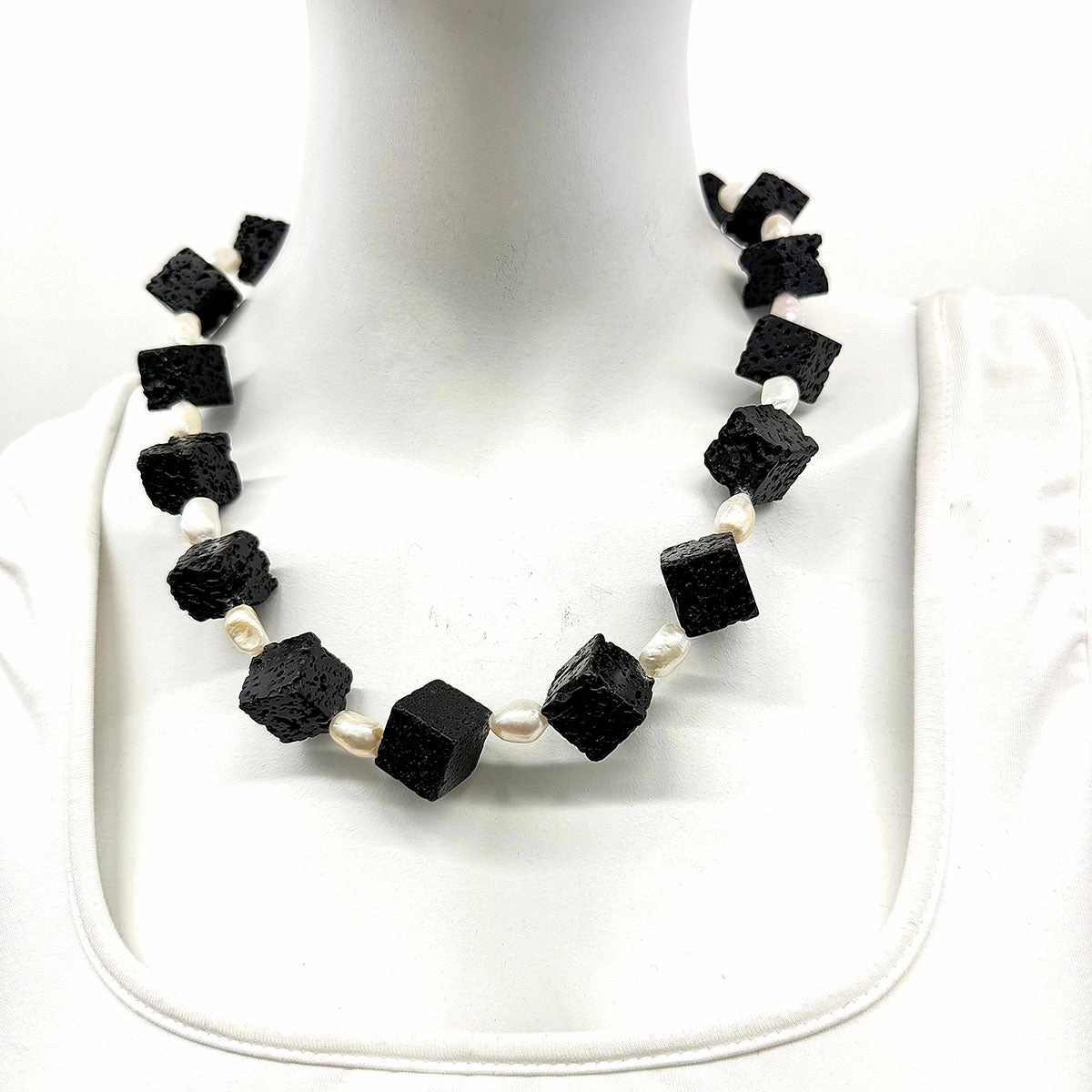 26" Black Lava Stone Cube and Freshwater Pearl Necklace