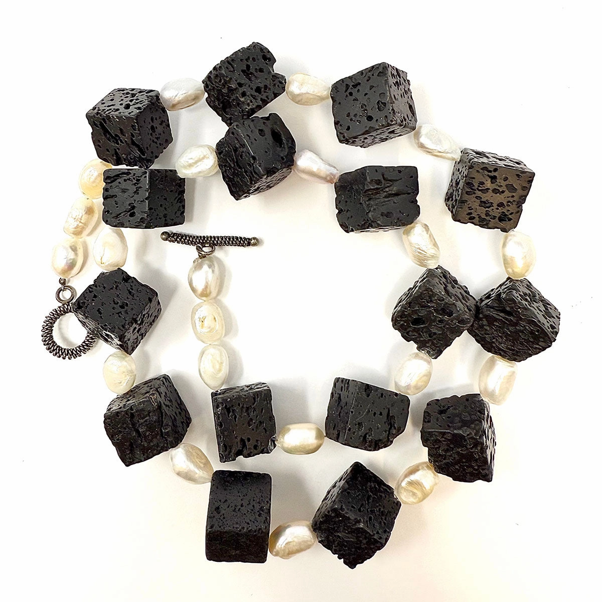 26" Black Lava Stone Cube and Freshwater Pearl Necklace