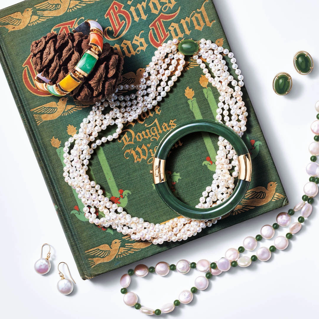 4mm Pearl 6-Strand Twist & Green Nephrite Jade Necklace