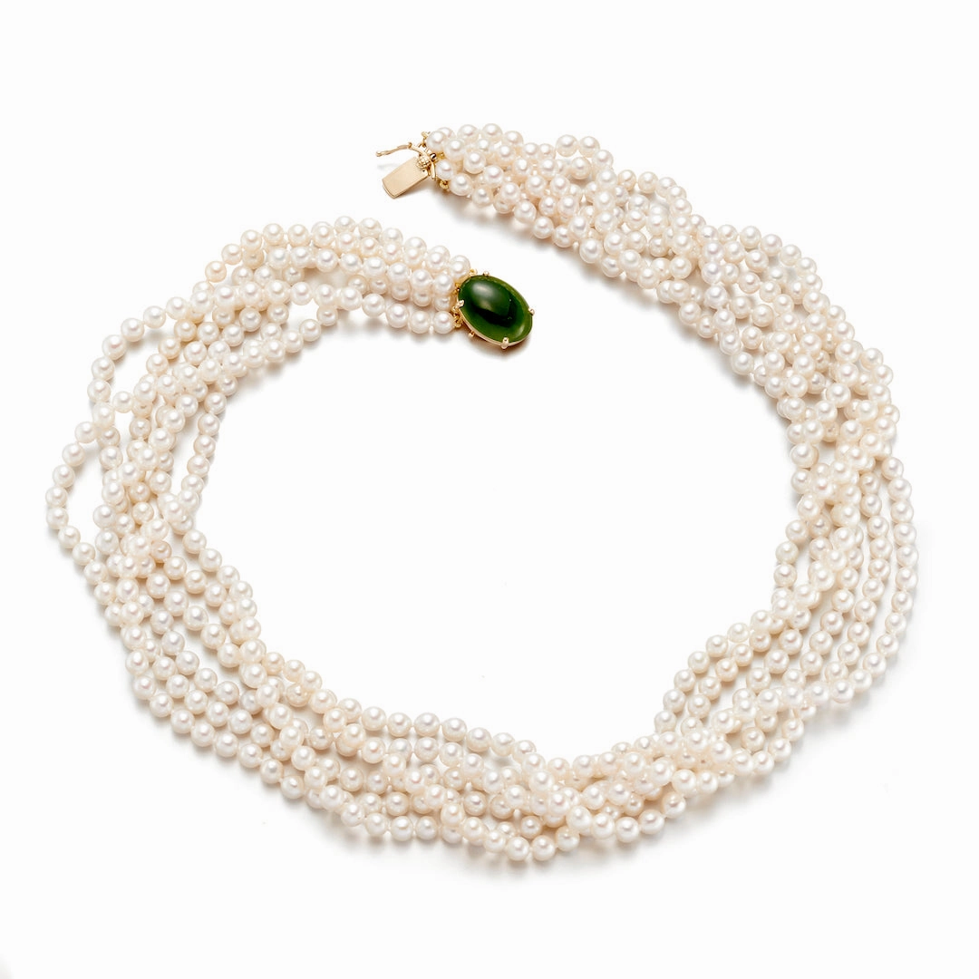 4mm Pearl 6-Strand Twist & Green Nephrite Jade Necklace