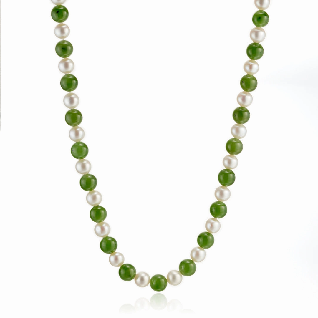 5mm Green Jade Bead & White Pearl Rope Necklace