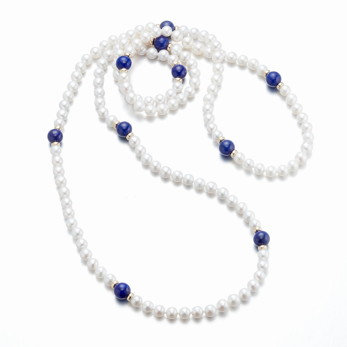 6mm Pearl & Lapis Station Rope Necklace