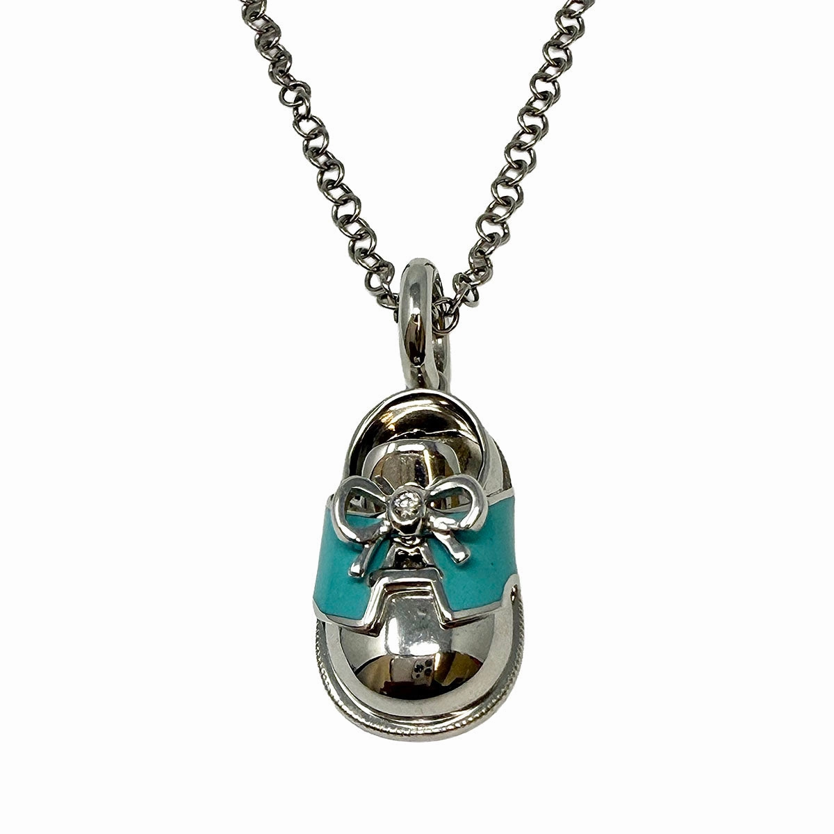 Aaron Basha 18K White Gold Chain with White Gold Blue Enamel Saddle Shoe Pendant