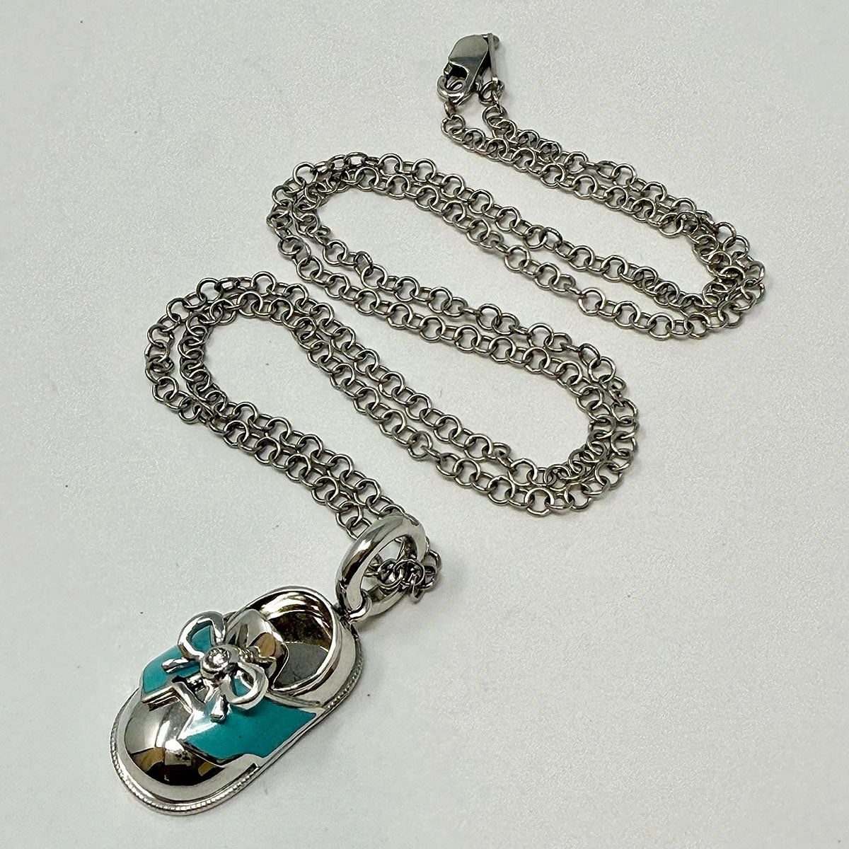 Aaron Basha 18K White Gold Chain with White Gold Blue Enamel Saddle Shoe Pendant