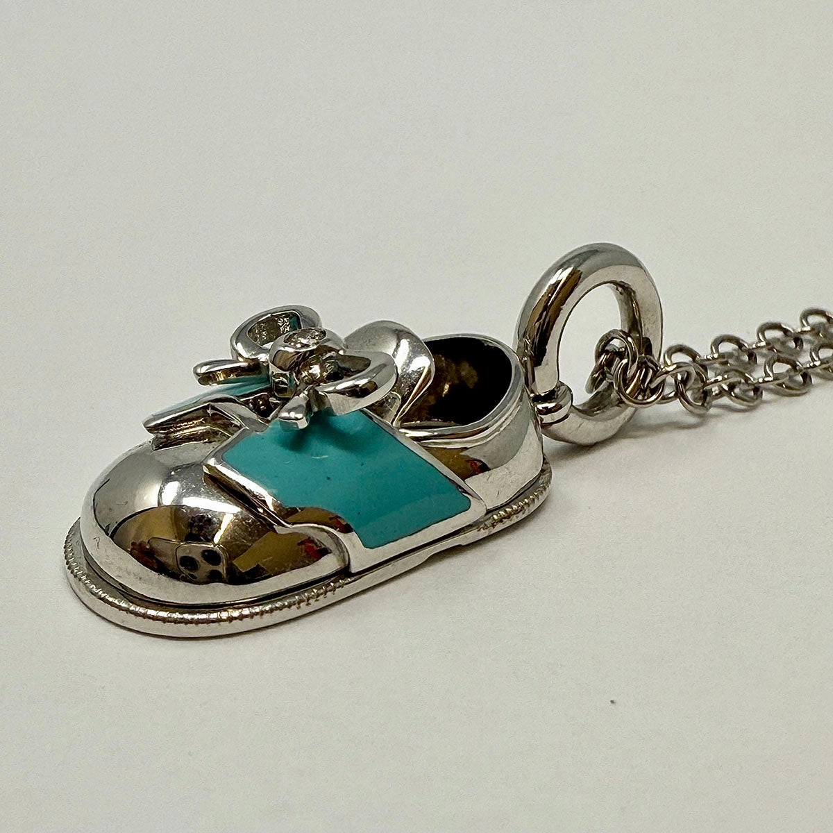 Aaron Basha 18K White Gold Chain with White Gold Blue Enamel Saddle Shoe Pendant