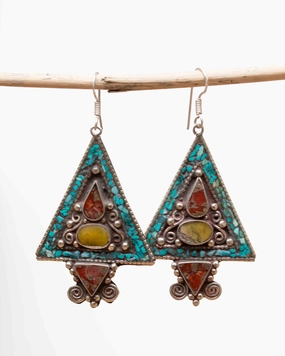Agatha Turquoise Tibetan Earrings ~German Silver ~ SME059B