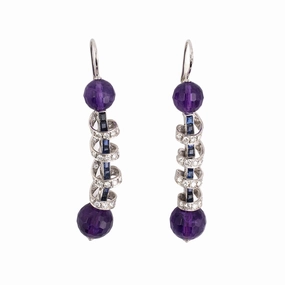 Amethyst, Diamond & Sapphire Barber Pole Dangle Earrings