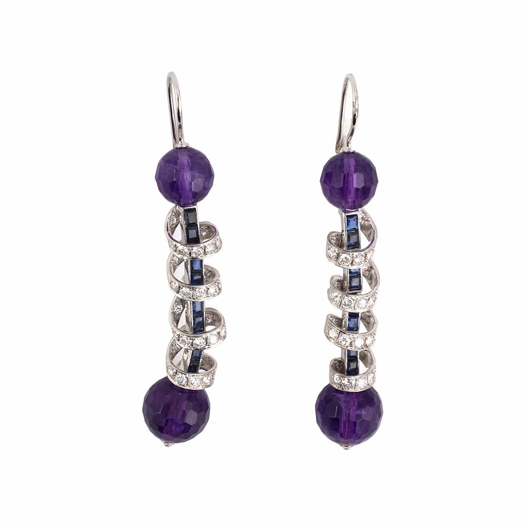 Amethyst, Diamond & Sapphire Barber Pole Dangle Earrings