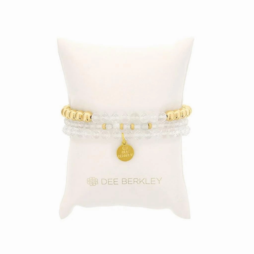 April Birthstone Bracelet Stack: Gold Filled Beads, White Topaz And Clear Quartz Bezel Charm Bracelet Stack