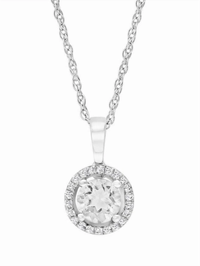 April Birthstone Pendant: 14K White Gold Diamond And White Topaz Halo Pendant Necklace