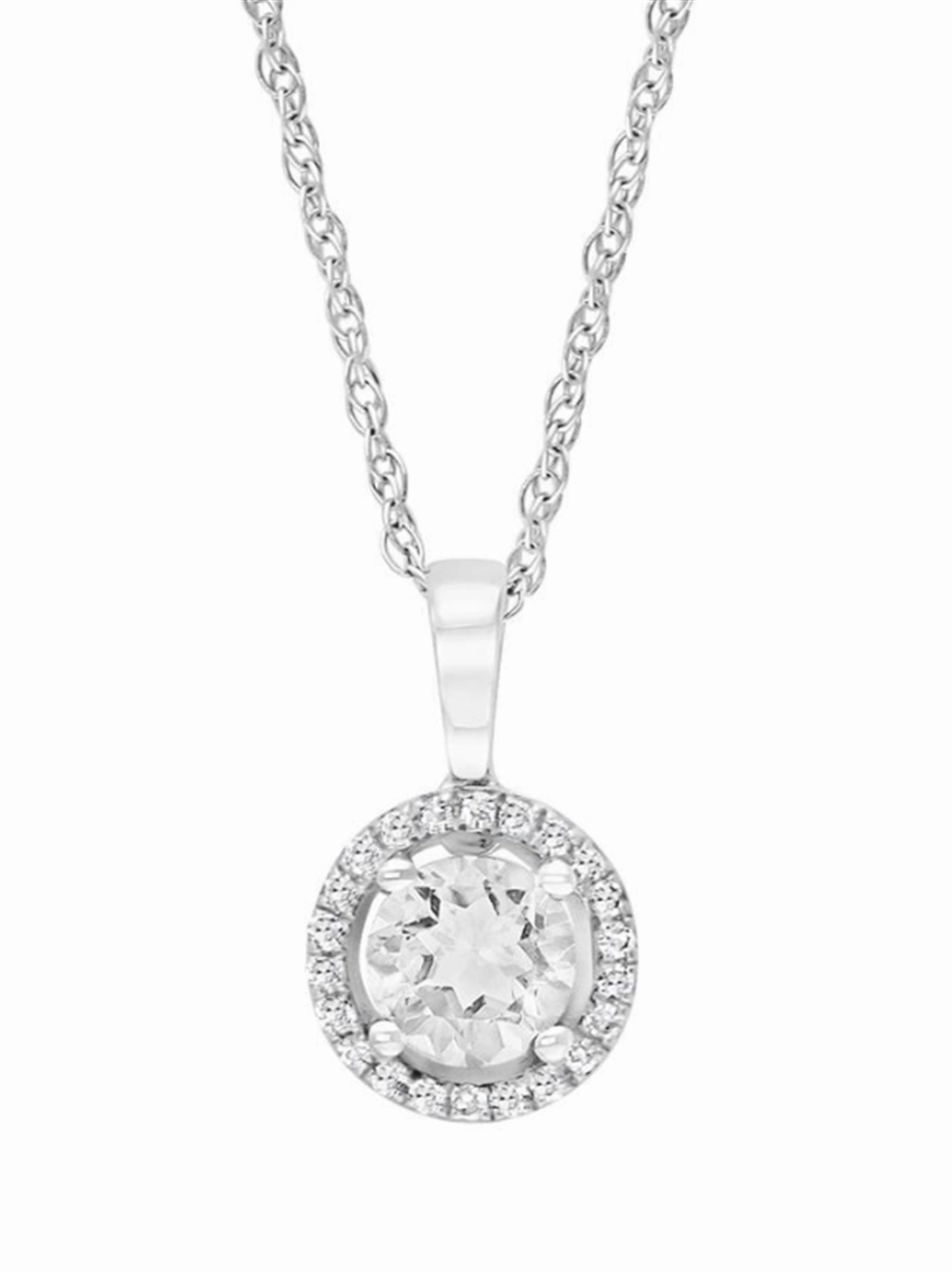 April Birthstone Pendant: 14K White Gold Diamond And White Topaz Halo Pendant Necklace
