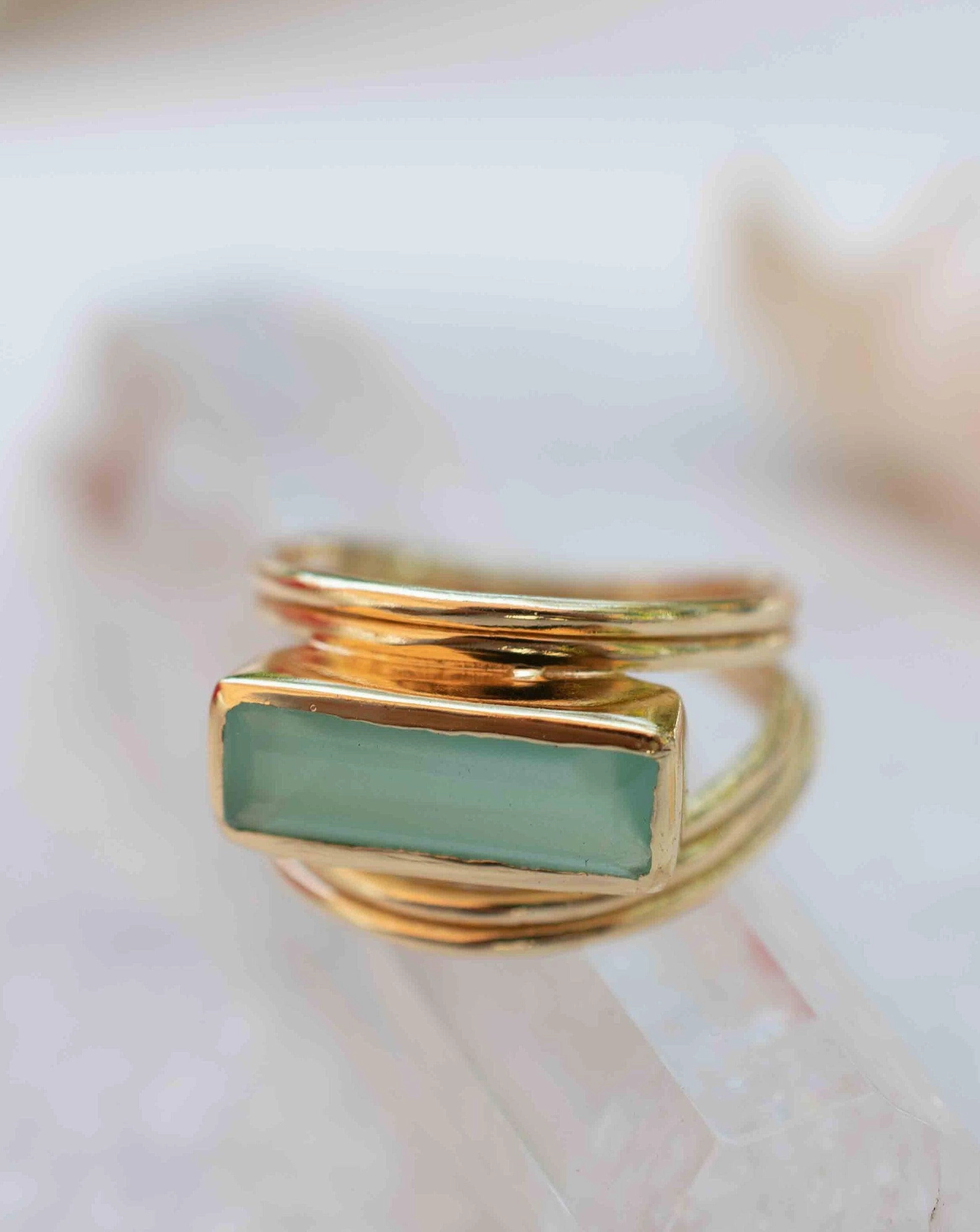 Aqua Chalcedony ~ Rectangular Ring ~ 18k Gold Plated ~ MR302