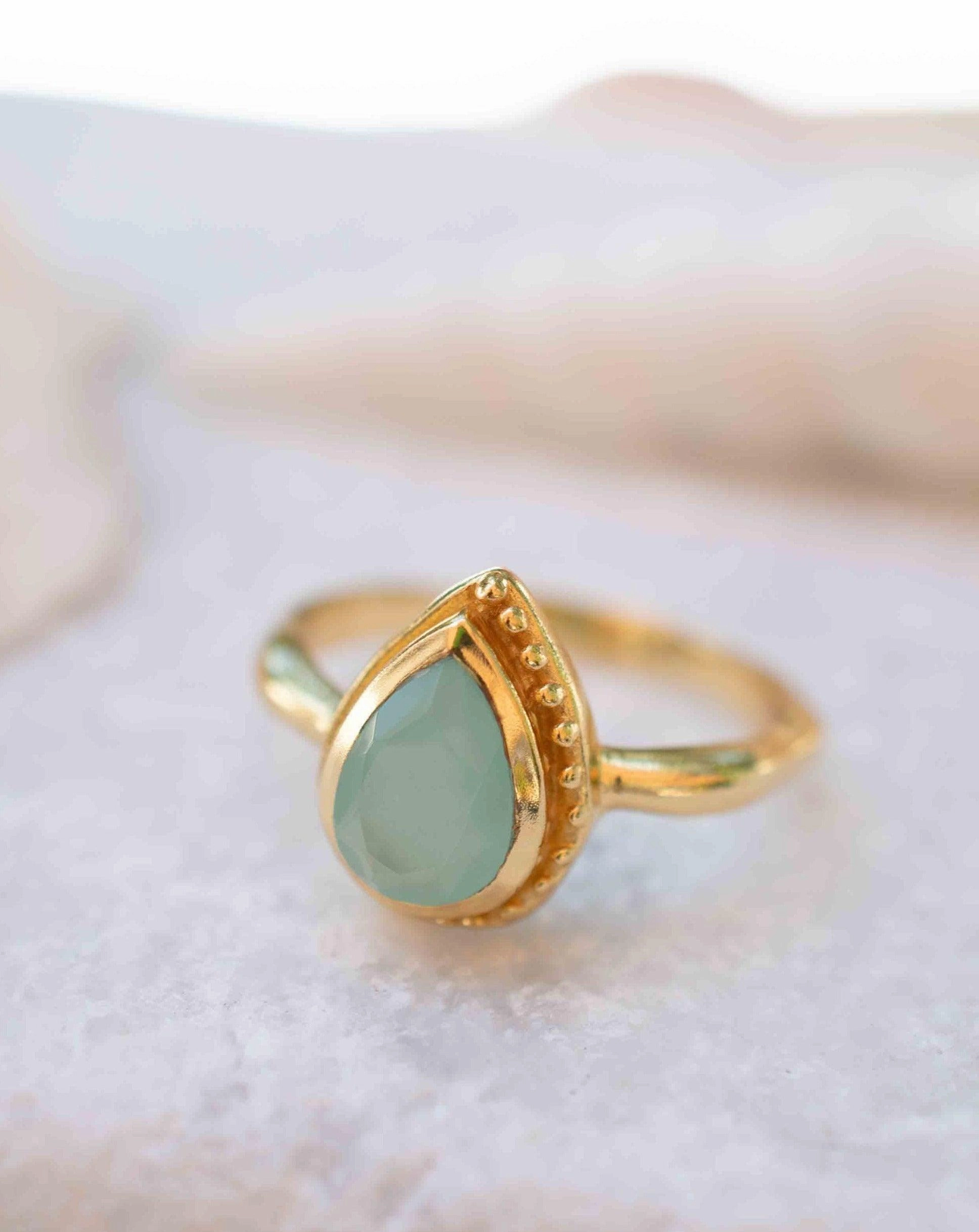 Aqua Chalcedony ~ Tear Drop Ring  ~ 18k Gold Plated ~  MR314