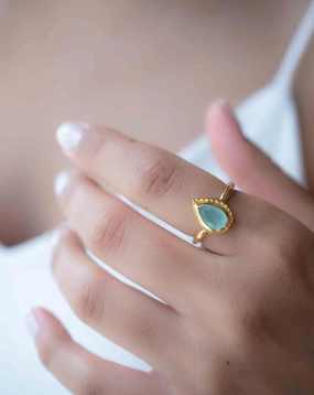 Aqua Chalcedony ~ Tear Drop Ring  ~ 18k Gold Plated ~  MR314