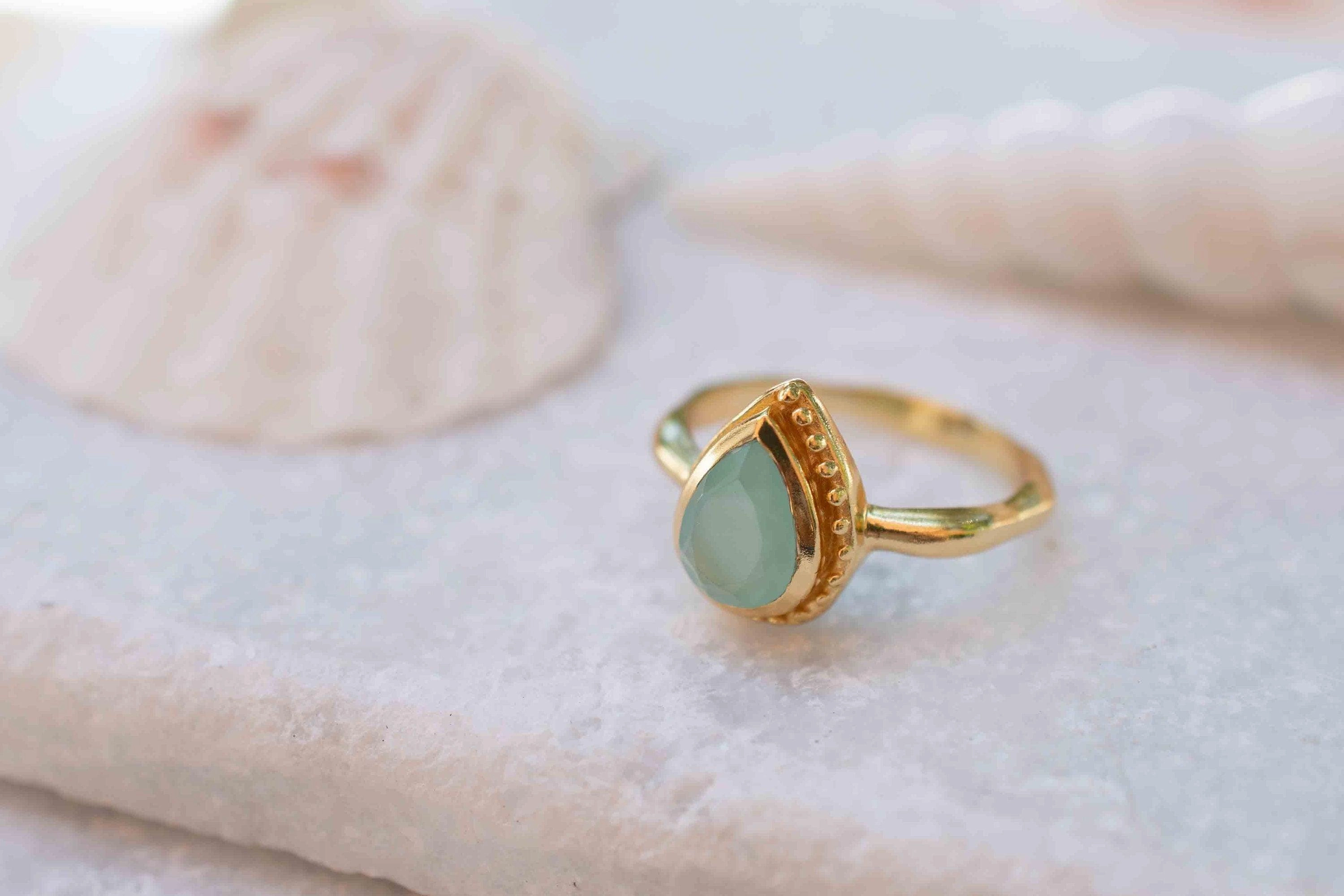 Aqua Chalcedony ~ Tear Drop Ring  ~ 18k Gold Plated ~  MR314