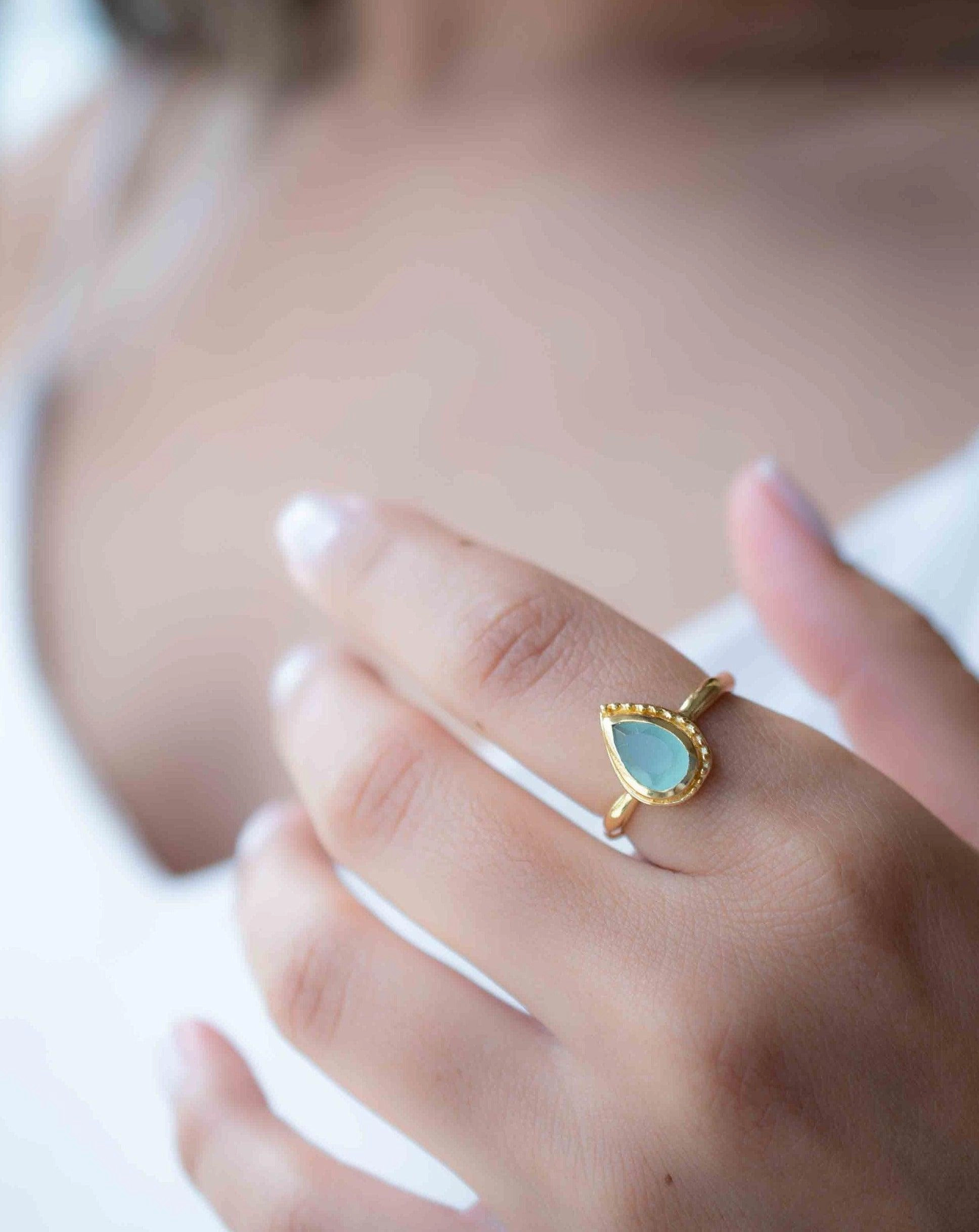 Aqua Chalcedony ~ Tear Drop Ring  ~ 18k Gold Plated ~  MR314
