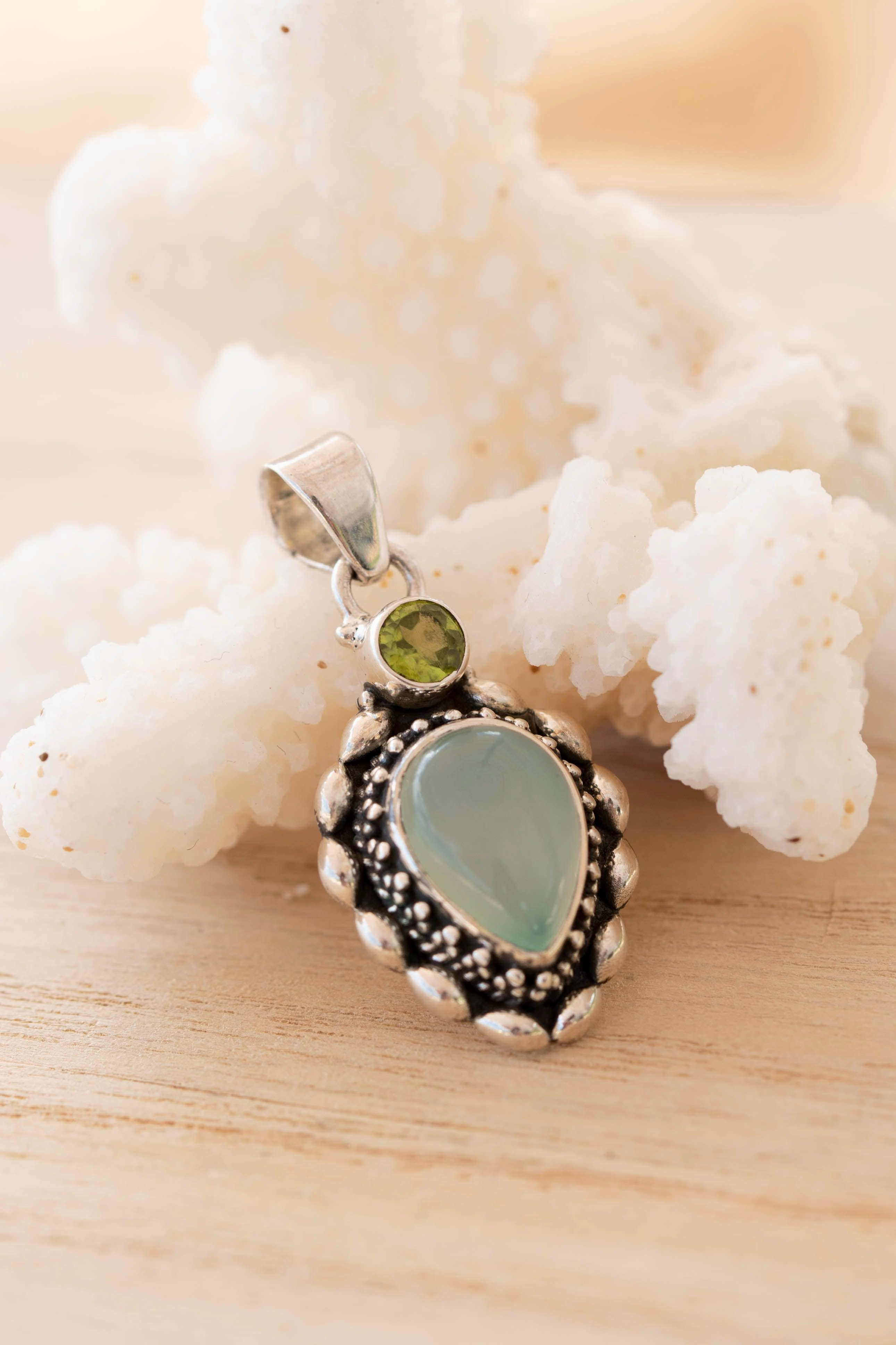 Aqua Chalcedony & Peridot Pendant ~ Sterling Silver 925 ~ SMP039