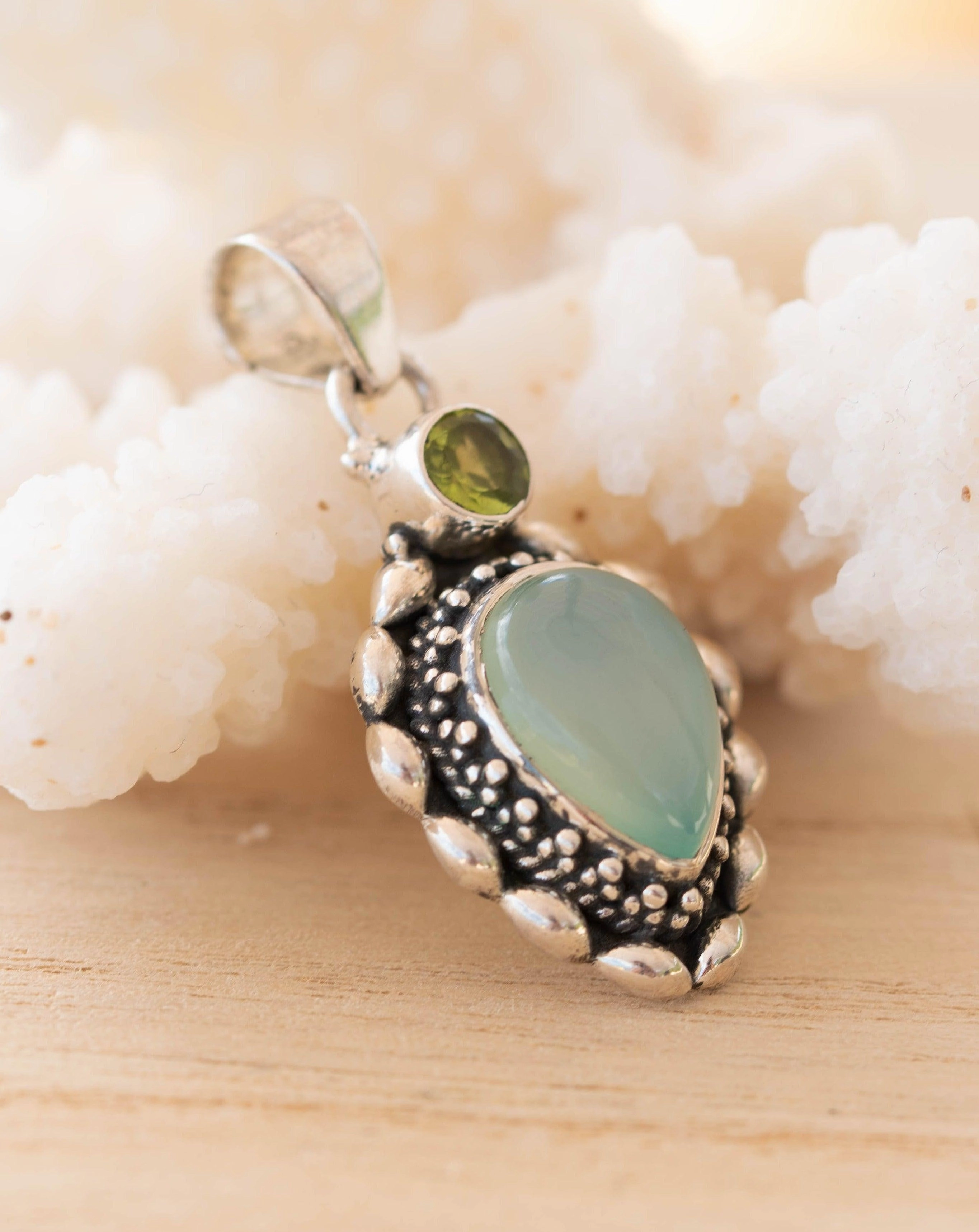 Aqua Chalcedony & Peridot Pendant ~ Sterling Silver 925 ~ SMP039