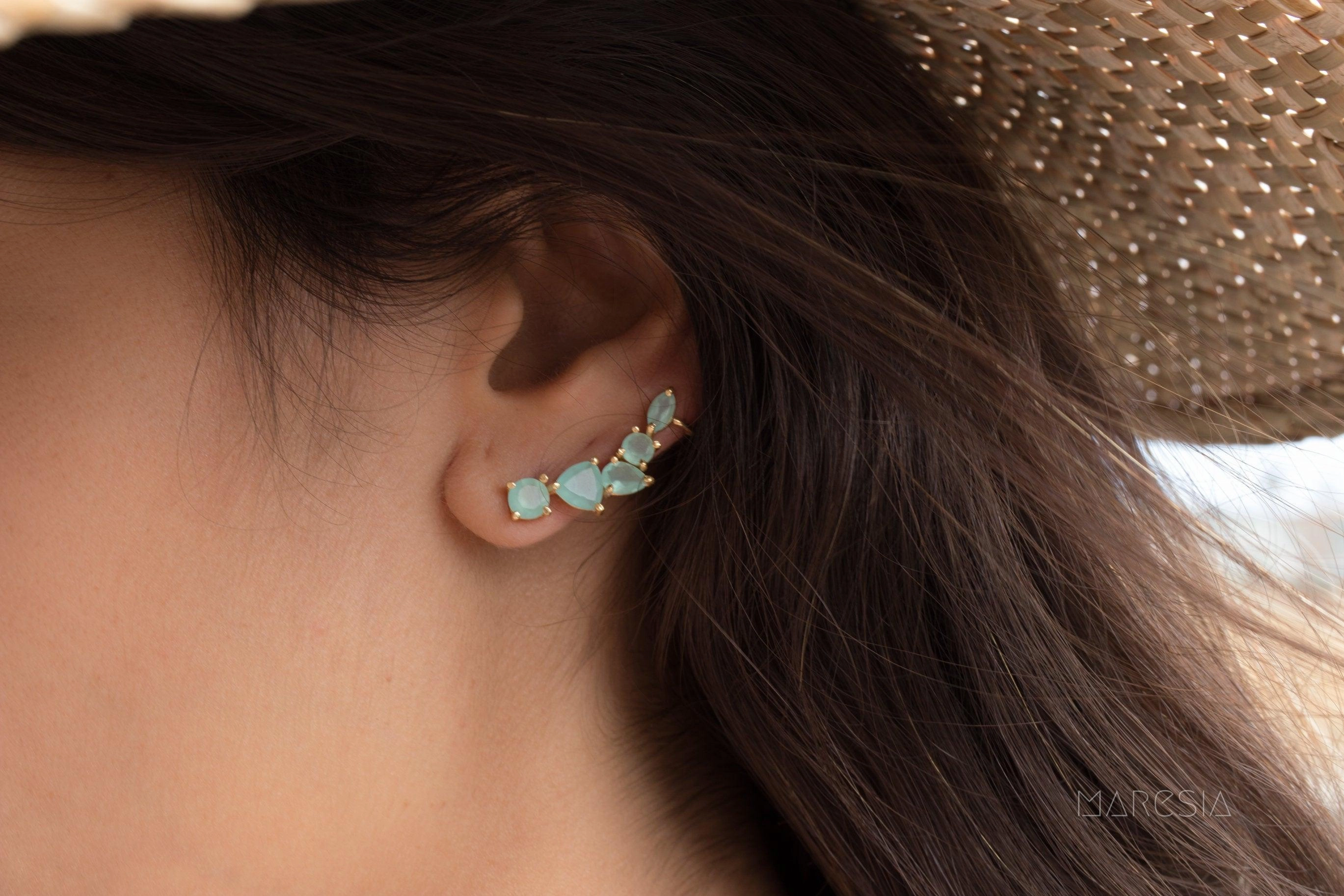 Aqua Chalcedony Ear Climber Earrings ~ 18k Gold Plated ~ ME172
