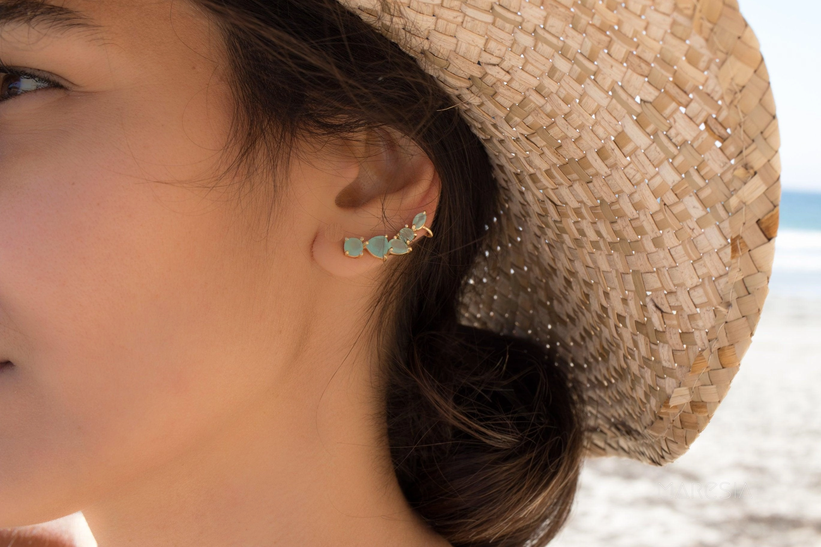 Aqua Chalcedony Ear Climber Earrings ~ 18k Gold Plated ~ ME172