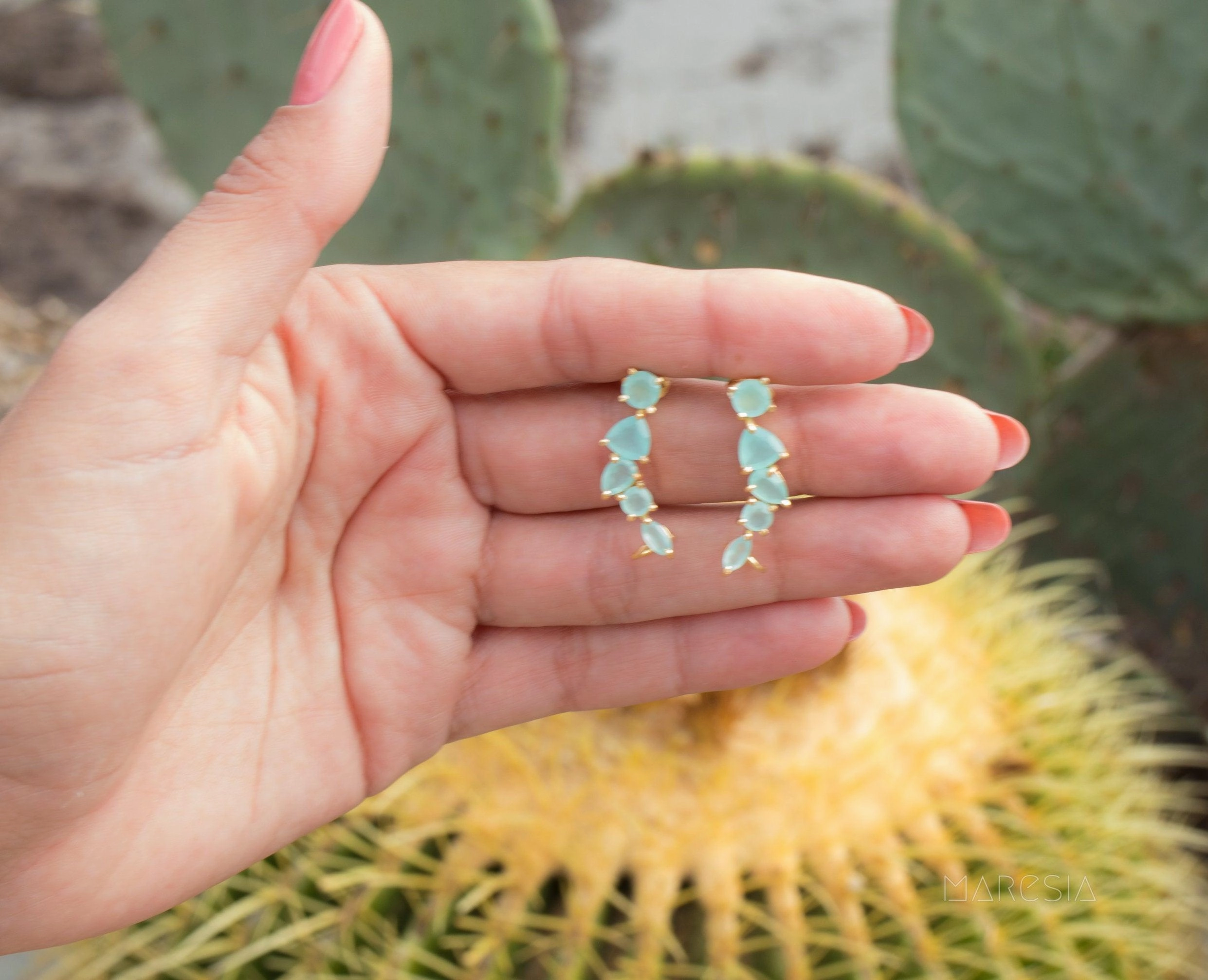Aqua Chalcedony Ear Climber Earrings ~ 18k Gold Plated ~ ME172