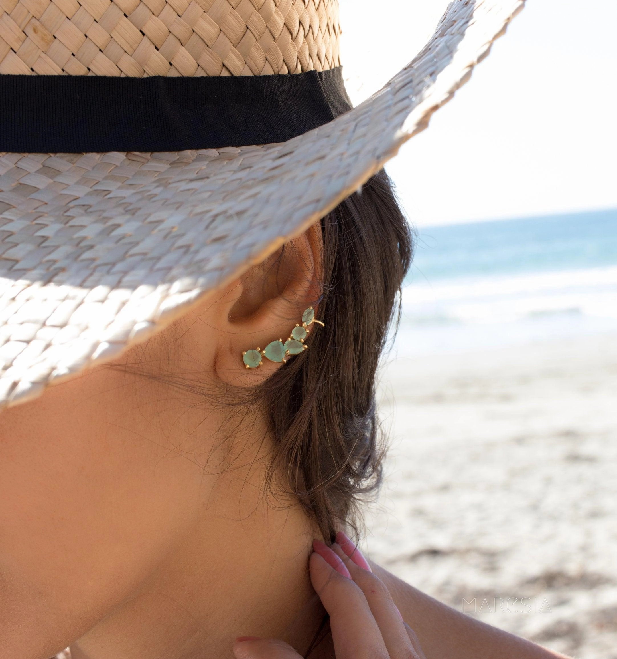 Aqua Chalcedony Ear Climber Earrings ~ 18k Gold Plated ~ ME172