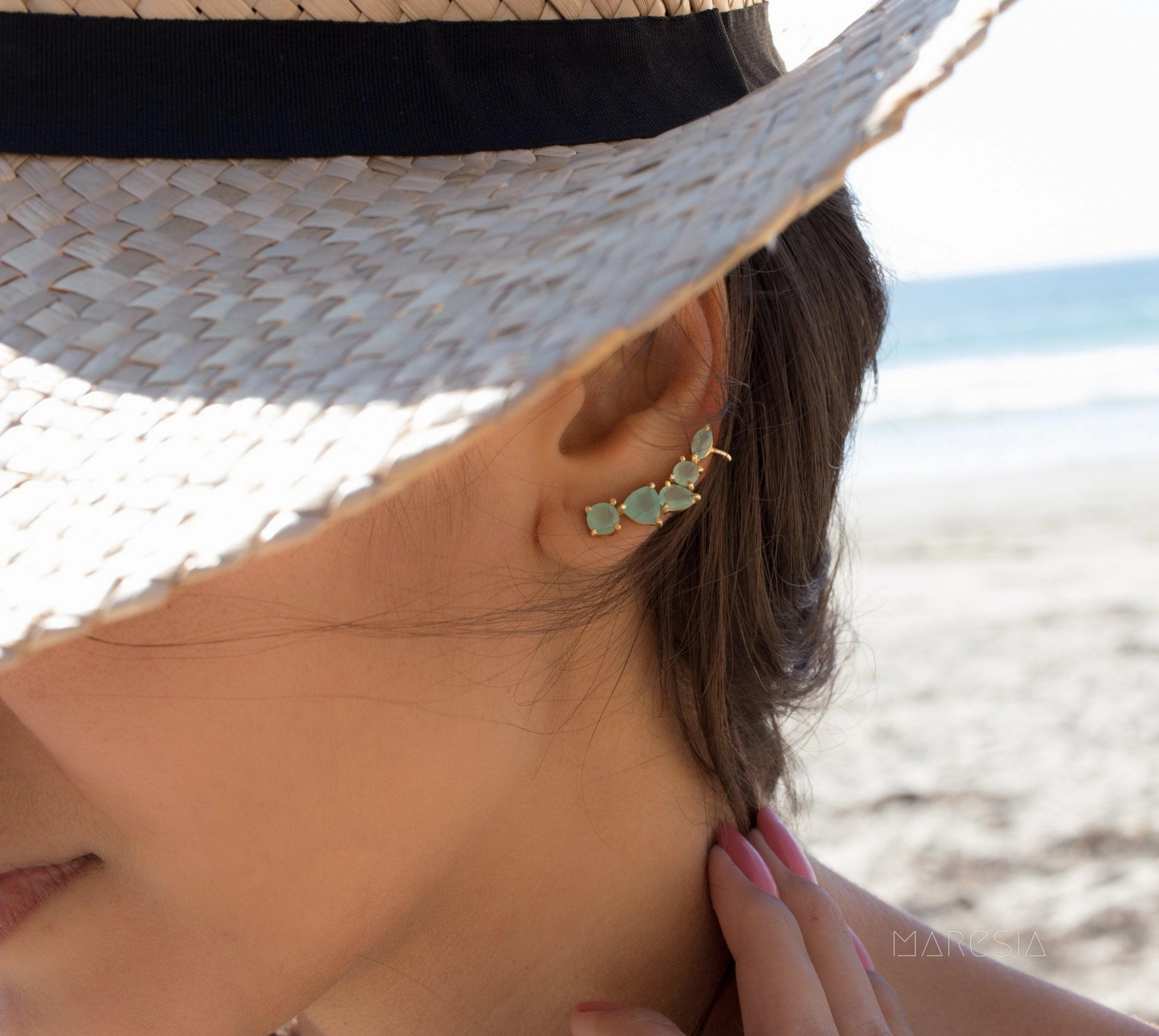 Aqua Chalcedony Ear Climber Earrings ~ 18k Gold Plated ~ ME172