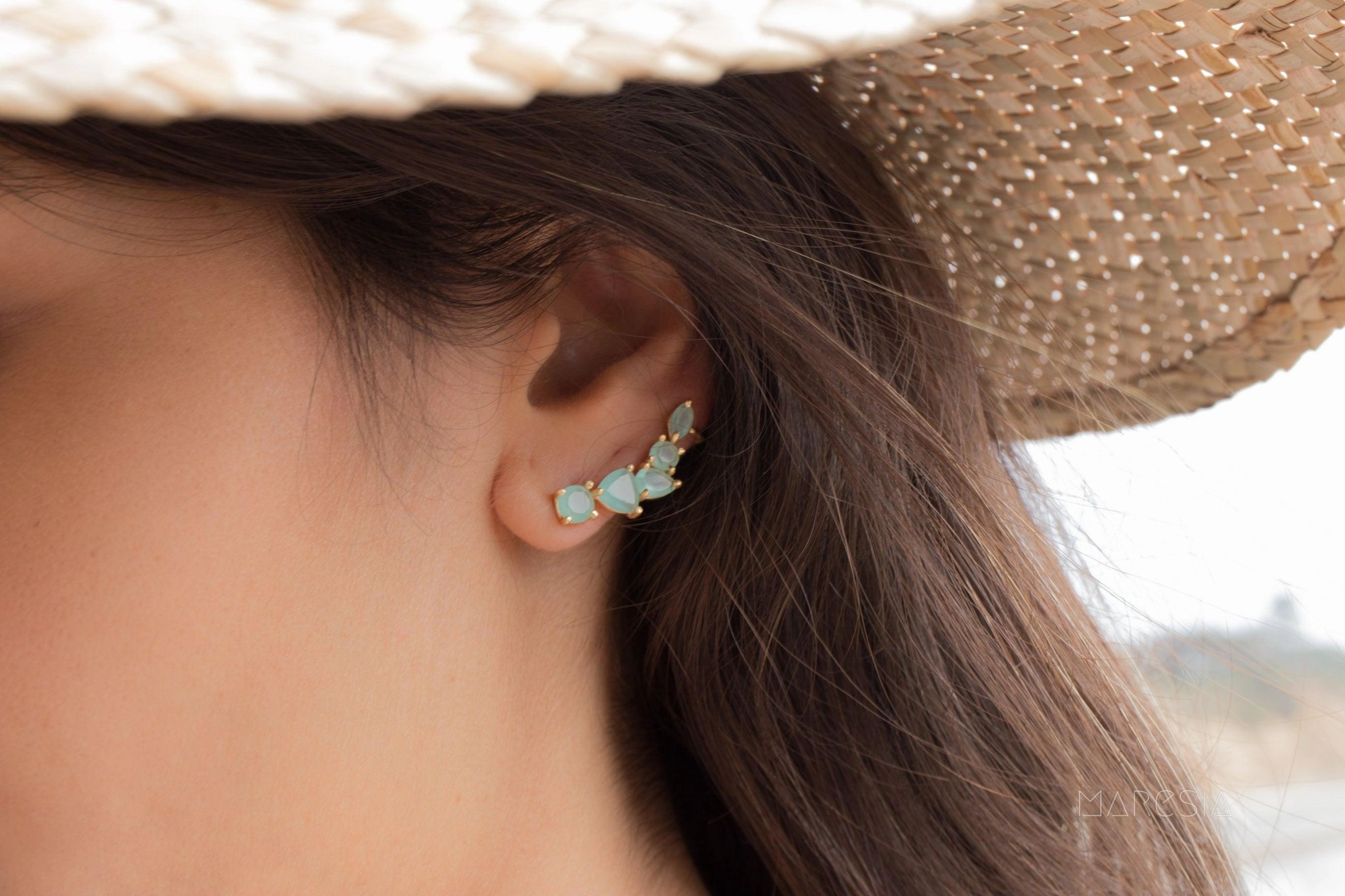 Aqua Chalcedony Ear Climber Earrings ~ 18k Gold Plated ~ ME172
