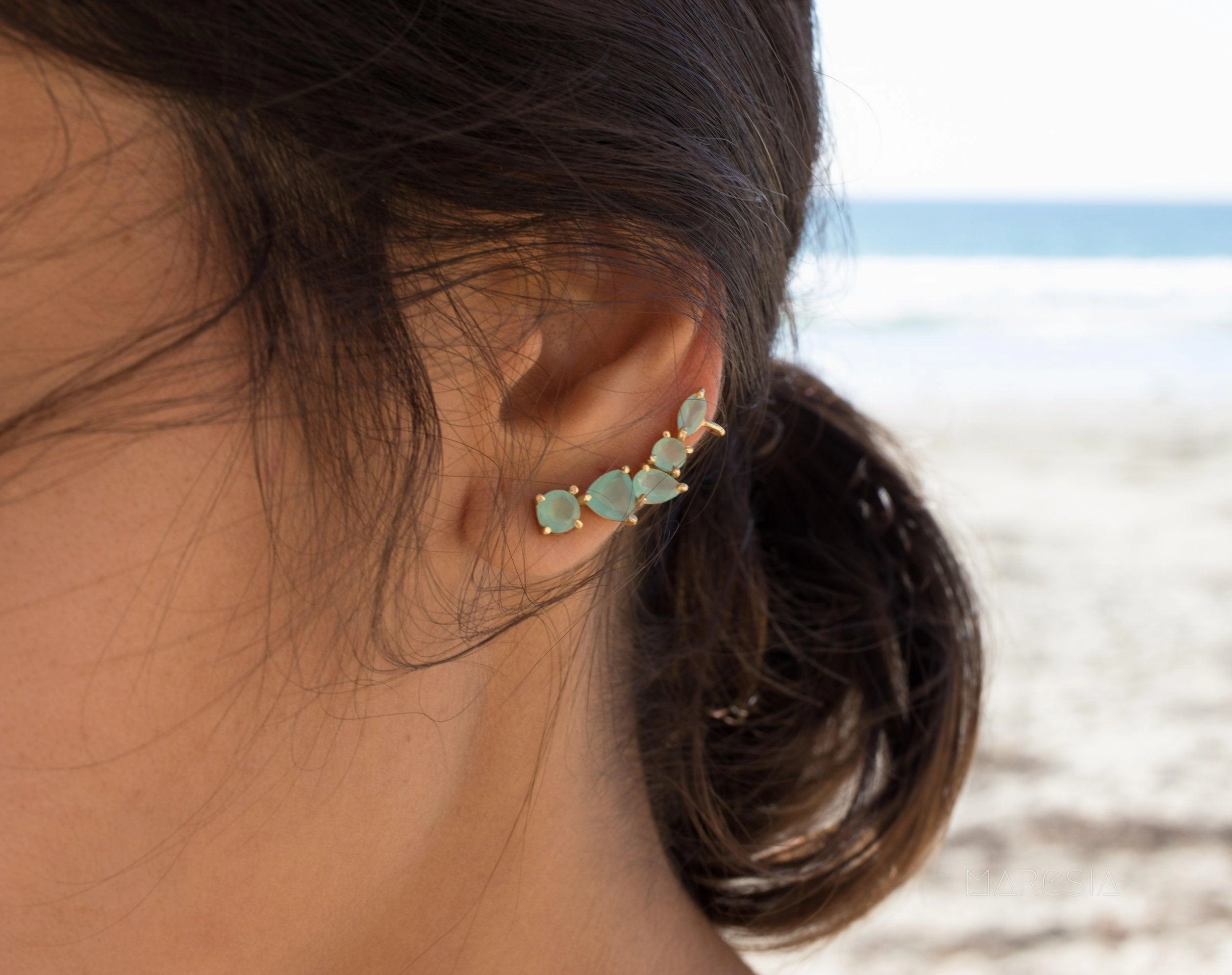 Aqua Chalcedony Ear Climber Earrings ~ 18k Gold Plated ~ ME172