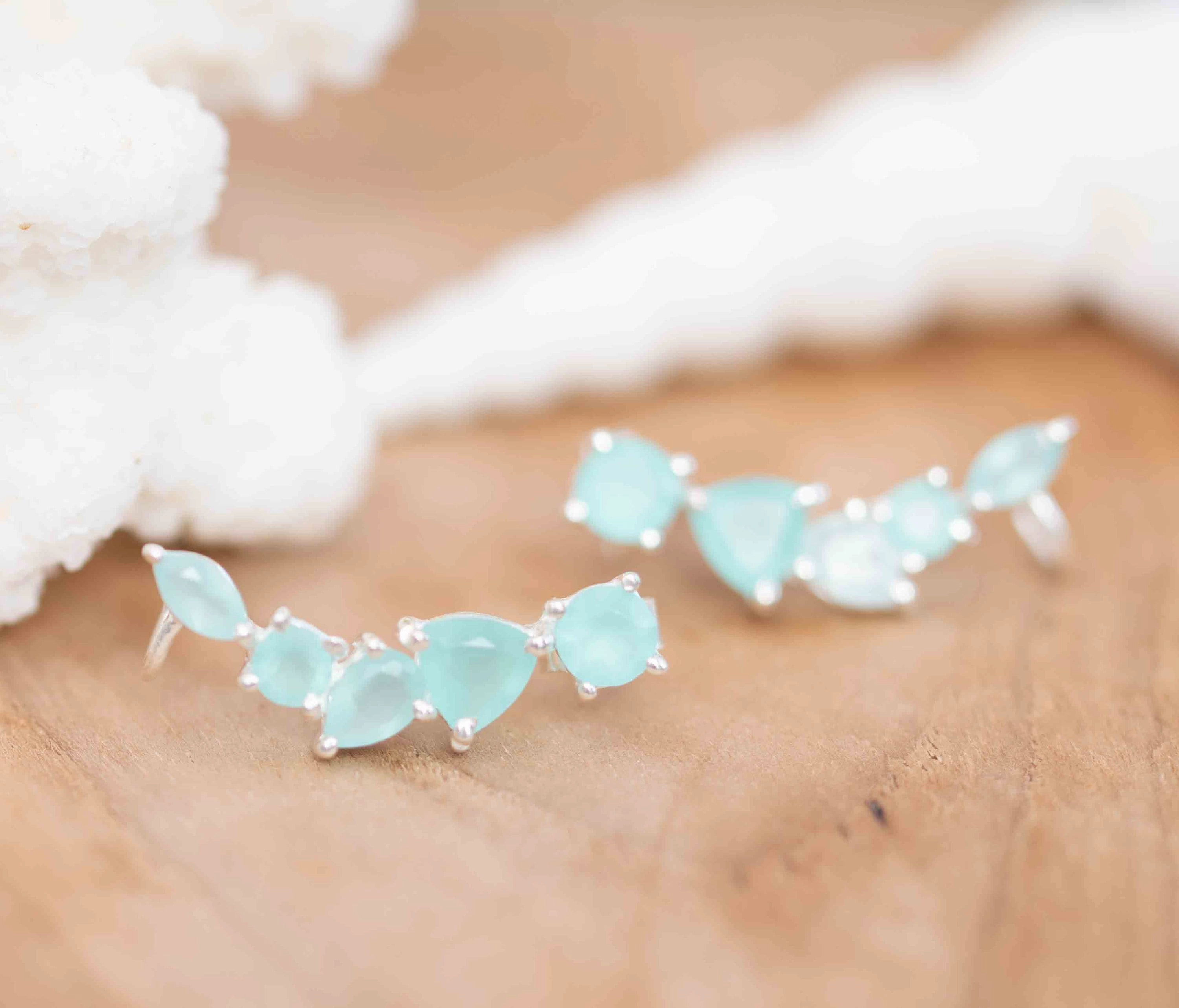 Aqua Chalcedony Ear Climber Earrings ~ Sterling silver ~ ME166