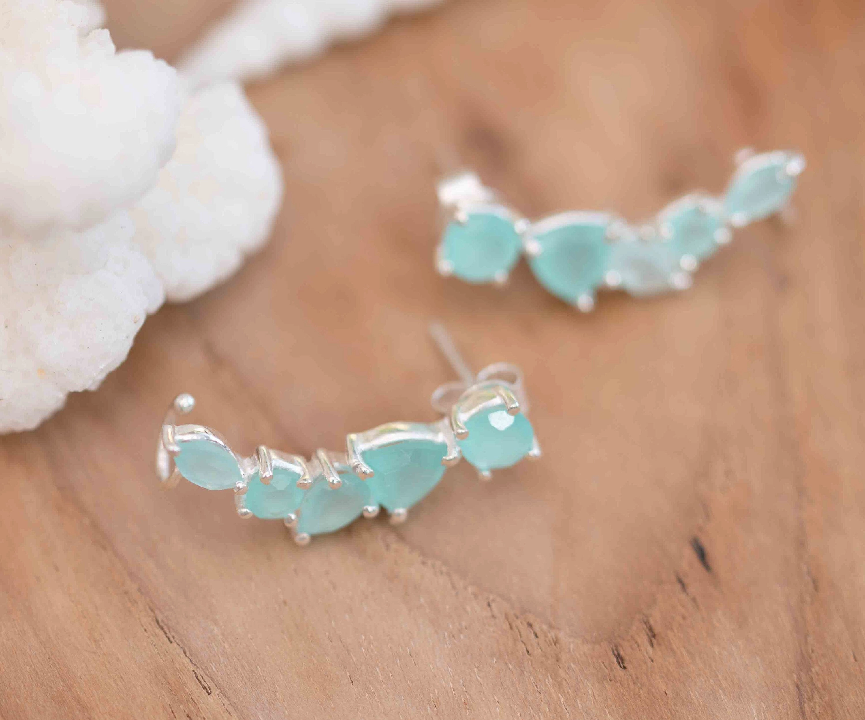 Aqua Chalcedony Ear Climber Earrings ~ Sterling silver ~ ME166