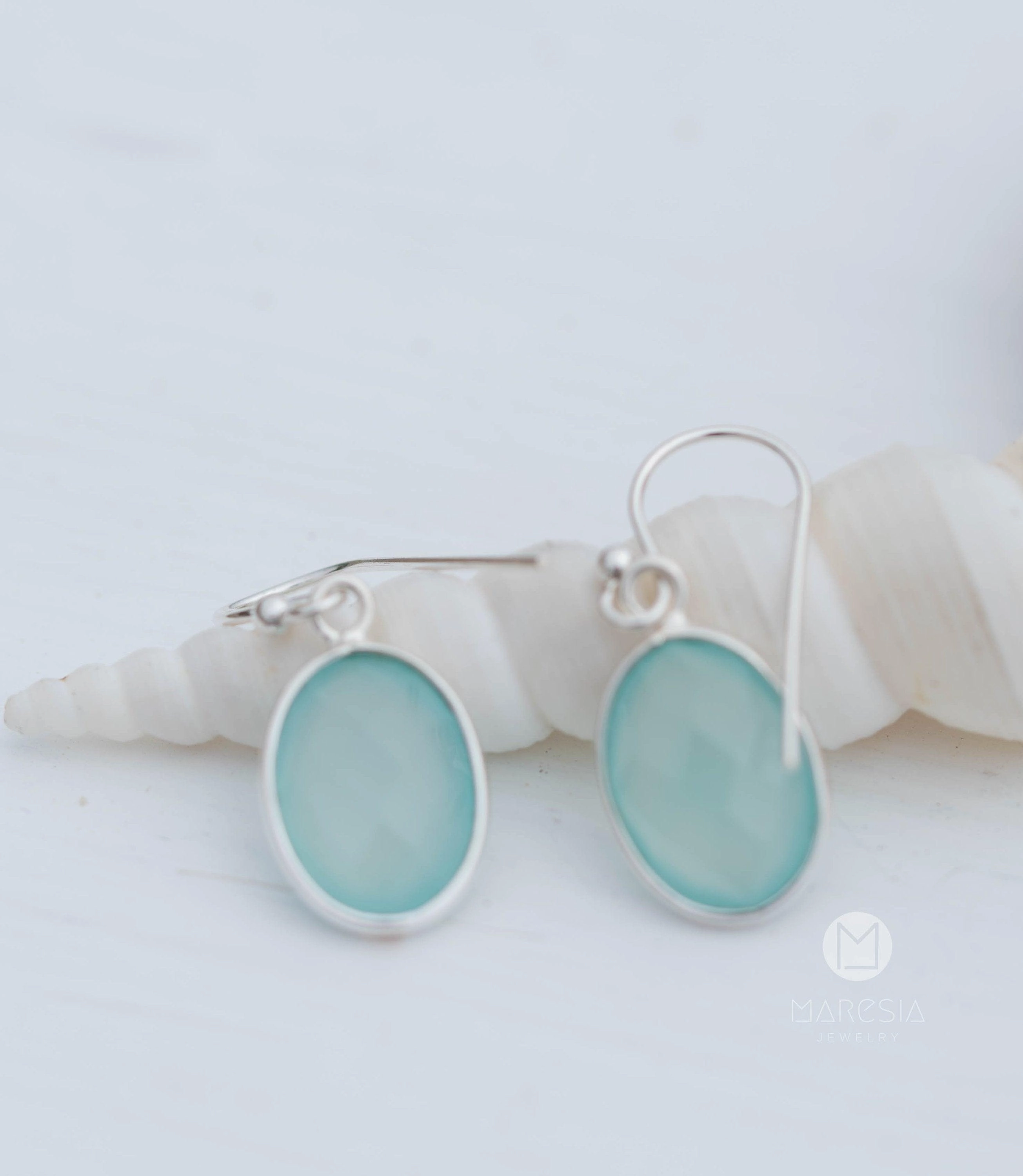 Aqua Chalcedony Earrings~ Sterling Silver 925 ~ ME157