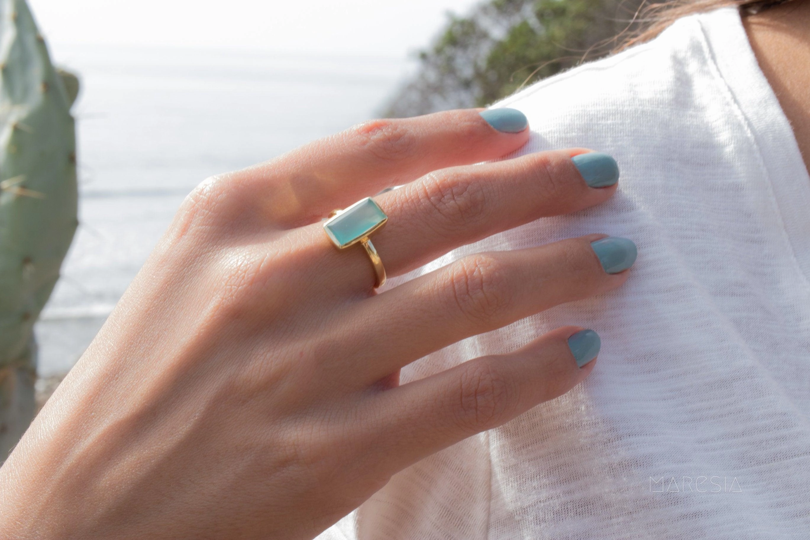 Aqua Chalcedony Gold Ring ~18k Gold Plated ~ MR014