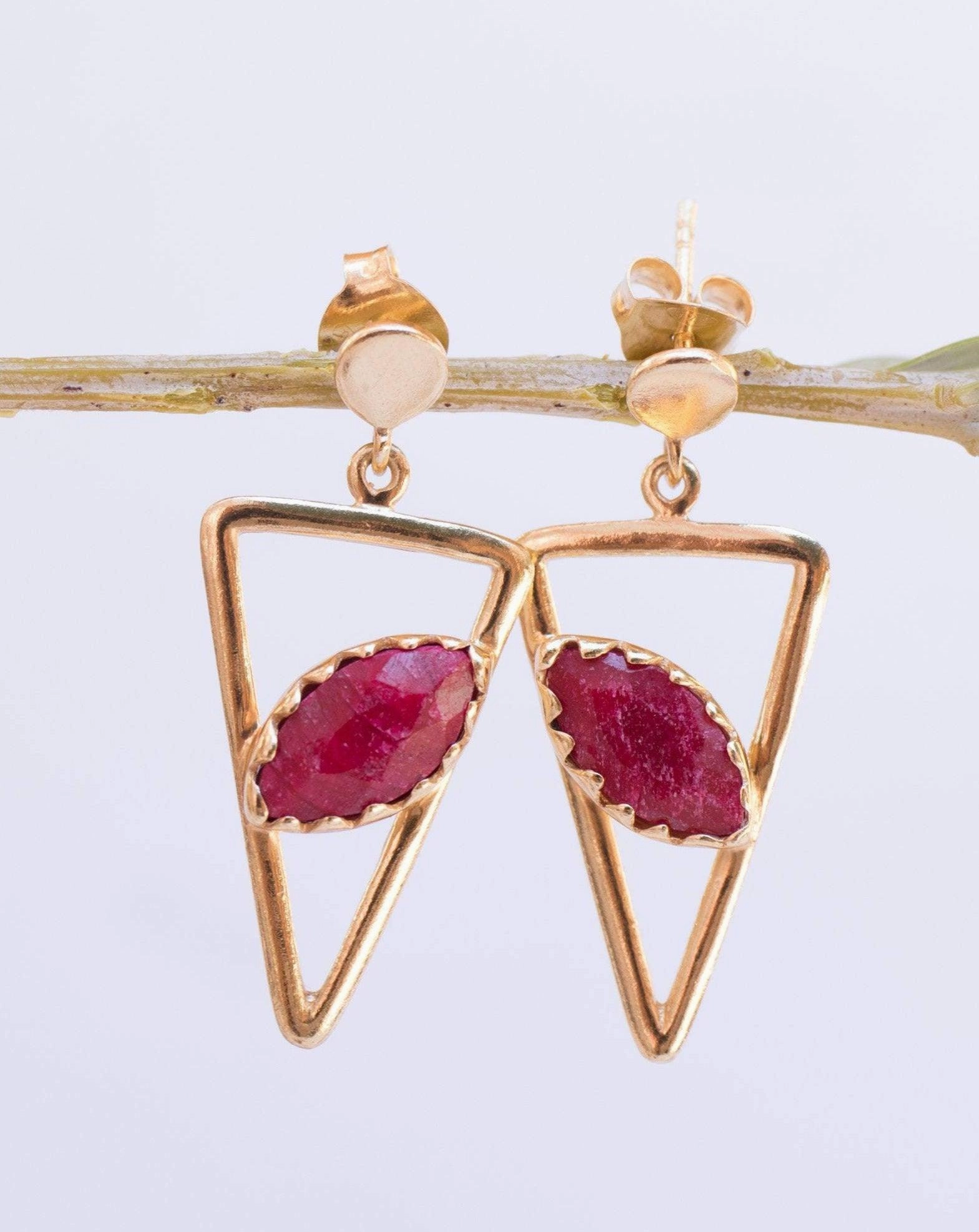 Aqua Chalcedony, Ruby, Blue Chalcedony, Rose quartz Triangle Earrings ~ Gold Vermeil (Gold Plated over Sterling Silver) ~ME061