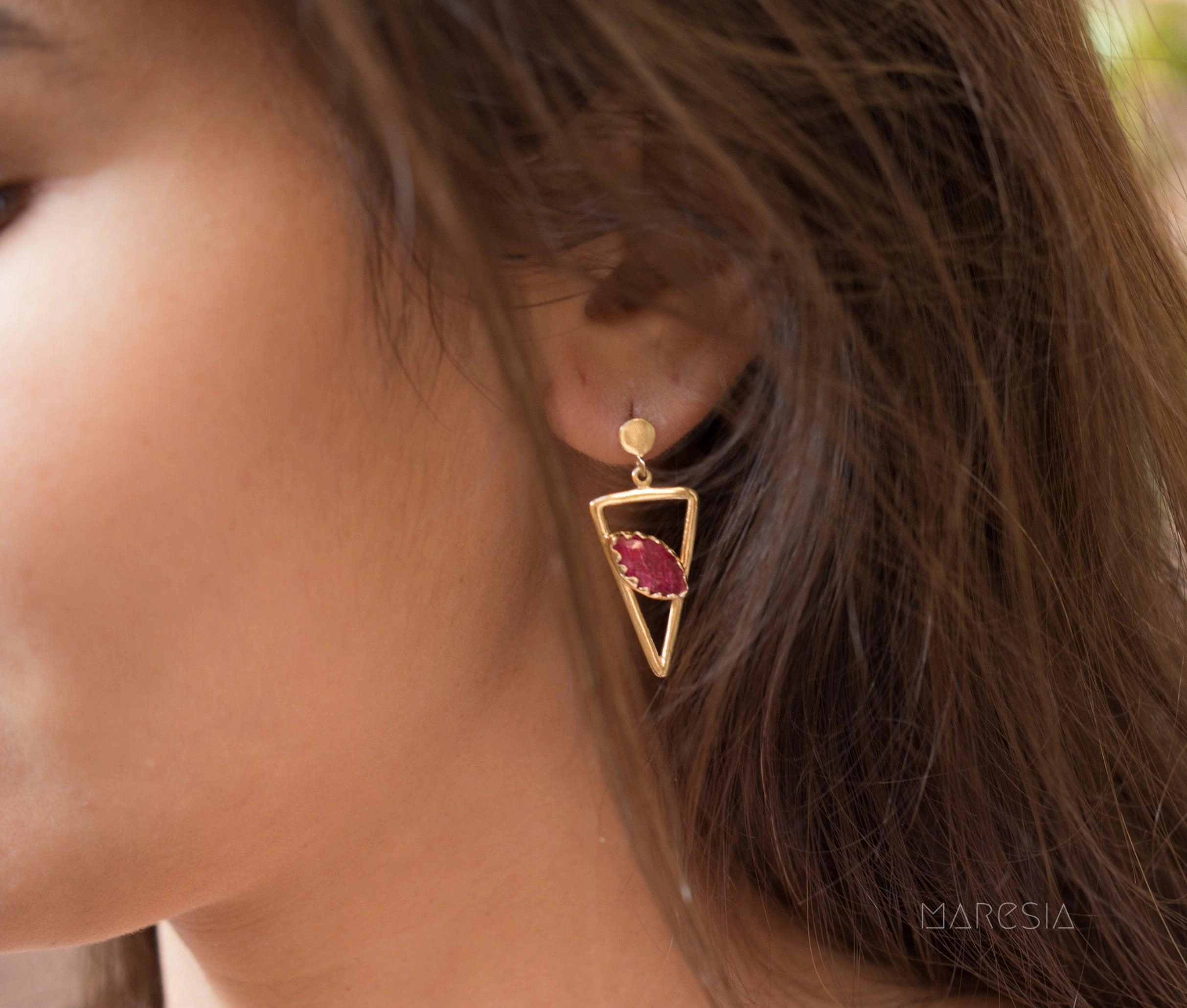 Aqua Chalcedony, Ruby, Blue Chalcedony, Rose quartz Triangle Earrings ~ Gold Vermeil (Gold Plated over Sterling Silver) ~ME061